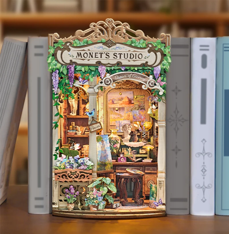 DIY Wooden Monet's Studio Book Nook Shelf Insert Kits Miniature Model Kit With Light Flower Bookend for Friends Birthday Gifts