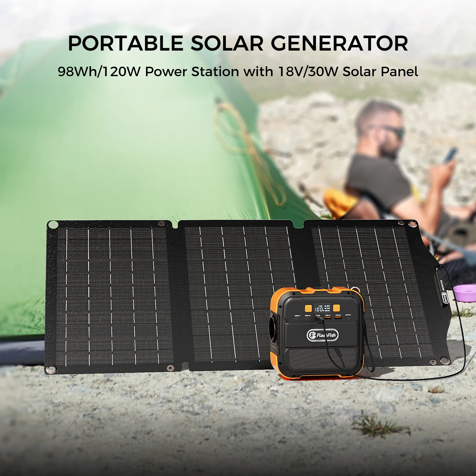 97,68Wh tragbare Powerstation mit 30W Solarpanel, 230V AC EU-Stecker, 120W Dauerleistung, 240W Spitzenleistung, 26400mAh Powerbank, USB QC3.0, Typ-C, Notstromversorgung