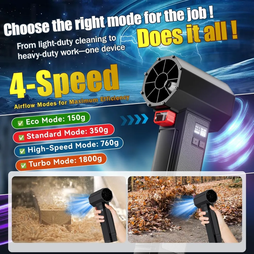 Ventilatore per asciugatrice per auto 660CFM/220MPH con condotto grande da 750 W e 64 mm, 4 velocità e modalità turbo, luce a LED