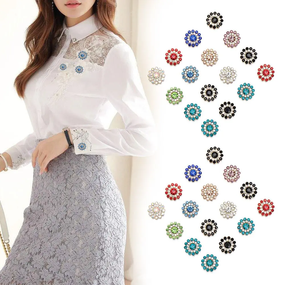 10PCS 14mm Craft Flower-shaped Steel Bottom Rhinestone Buttons Hat Accessories Crystal Glass Stone Clothes Decoration