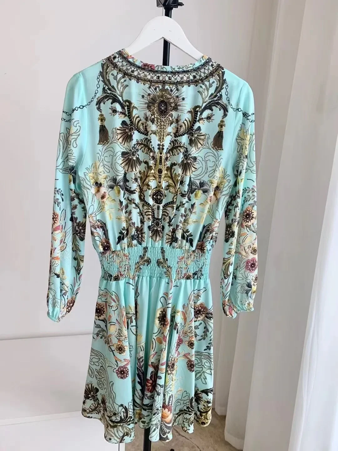 Women Beaded Dress Floral Print Lace-up V-Neck Elastic Waist Long Sleeve Vintage 100% Silk Mini Robe