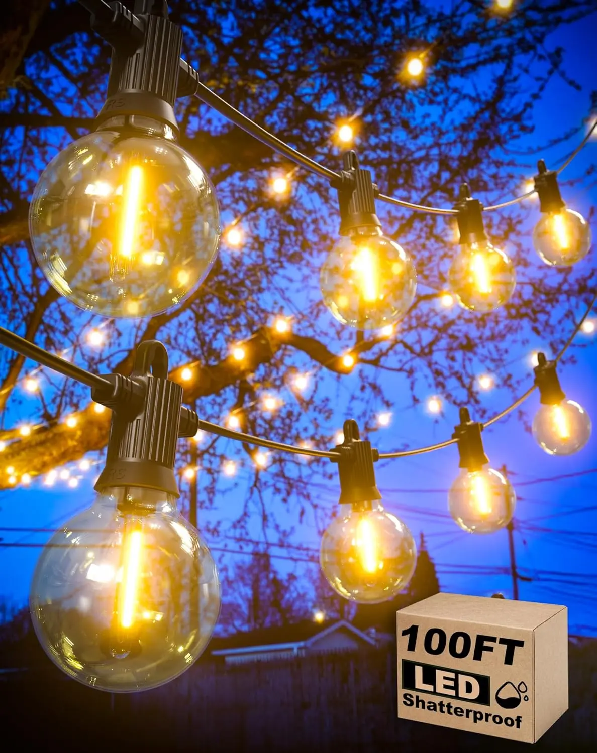 

100FT LED String Lights Waterproof, 53 Shatterproof G40 Globe Bulbs with 3 Spare, Dimmable Connectable Patio Lights for Backyard