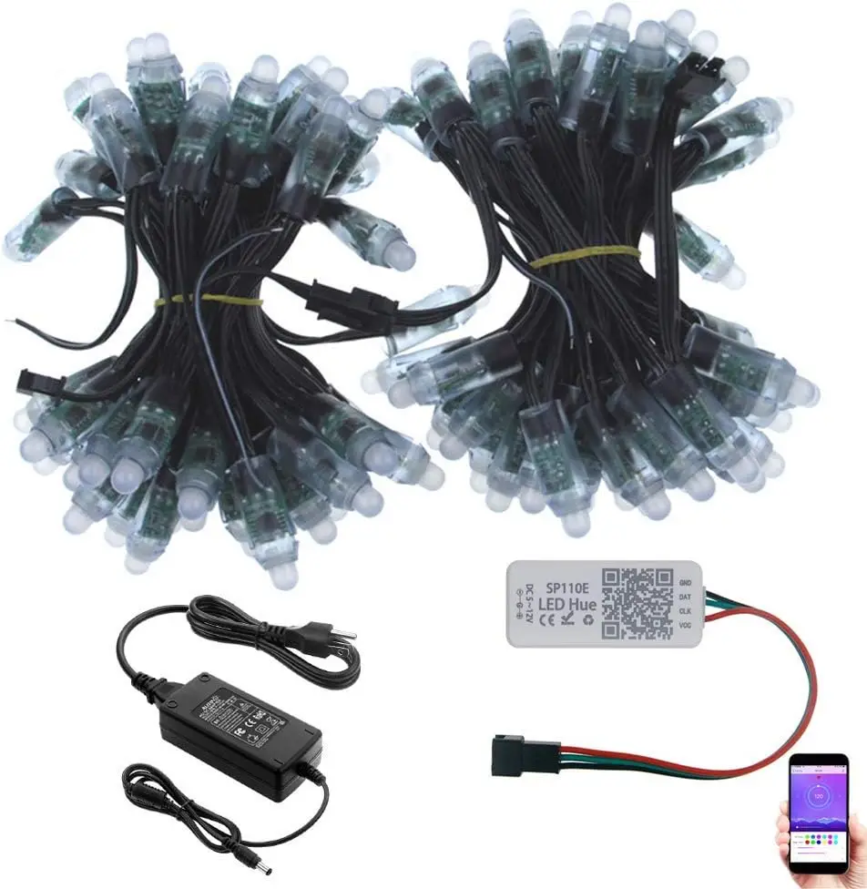 Addressable LED Pixel String Lights with Bluetooth App Control, 23 ft 100 LEDs WS2811 12V Digital Pixels, Includes Modes