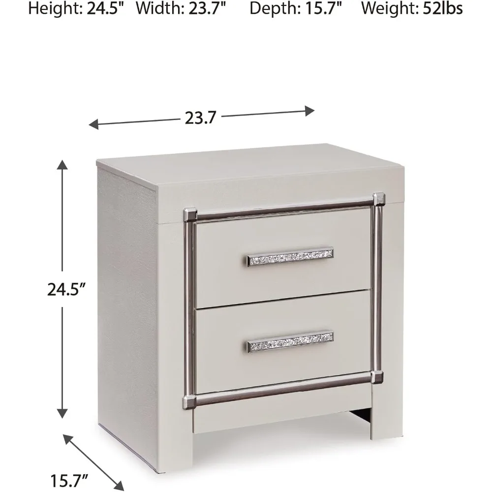 Design exclusivo da Ashley Zyniden Glam Mesa de cabeceira com 2 gavetas com carregamento sem fio e portas USB, 24,45 de altura, bege e cromado