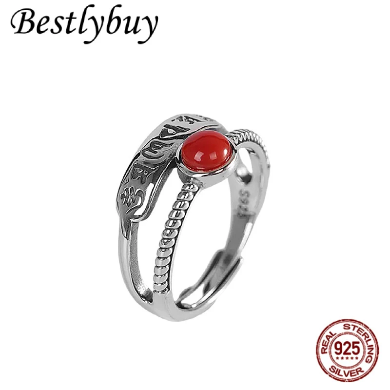 

S925 Pure Personality Six Character Mantra Open Mouth Ring for Women Retro Fashion Natural Red Agate Jewelry Gift