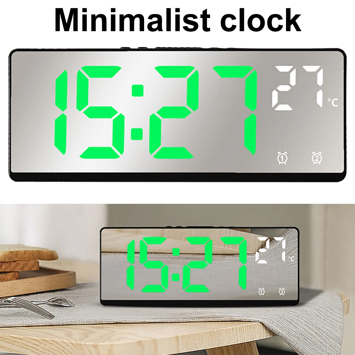 

Digital Alarm Clock with Adjustable Brightness and Volume LED Mirror Electronic Clocks with Snooze Voice Control Alarm 12/24H