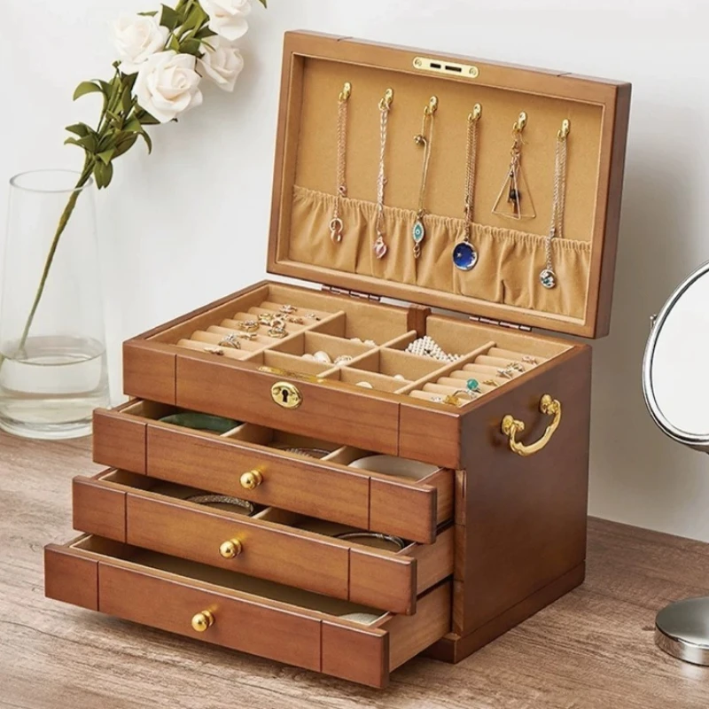 Solid Wood Jewelry Box Vintage Lockable Necklace Earring Storage Boxes Organizer Wedding Gift Case Elegant Jewellery Display Box