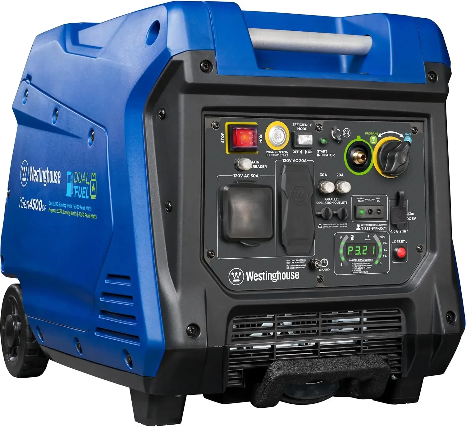 4500 Peak Watt Super Quiet Dual Fuel Portable Inverter Generator, Remote Electric Start, Gas & Propane Powered, RV Ready 30A O