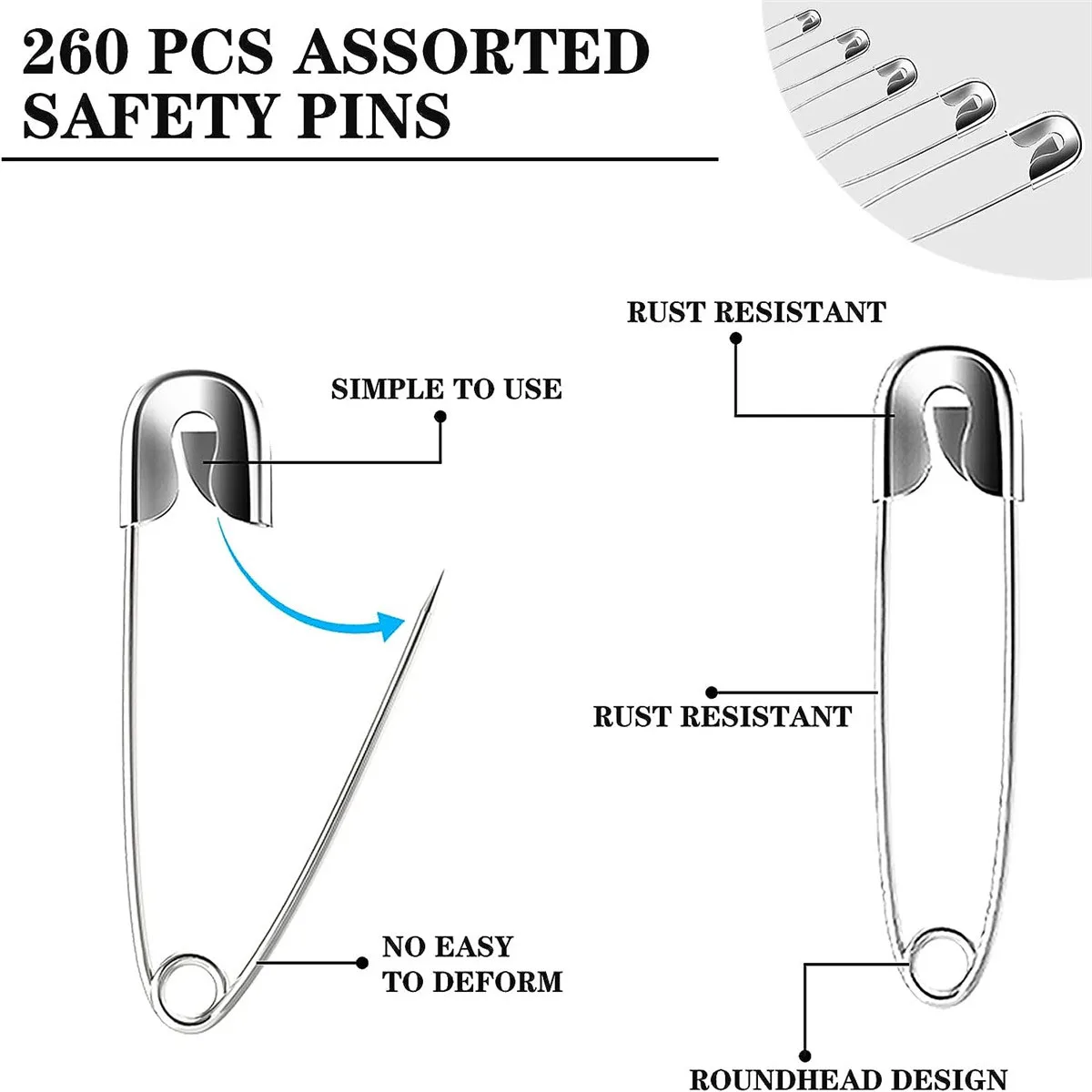 260Pcs Safety Pins Assorted Size Large Safety Pins and Small Safety Pins for Clothes Sewing