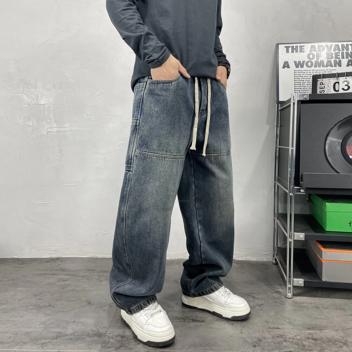 

American Retro Blue Waed Patchwork Men's Jeans Winter Trend Dstring Loose Wide Leg Casual Long Trousers