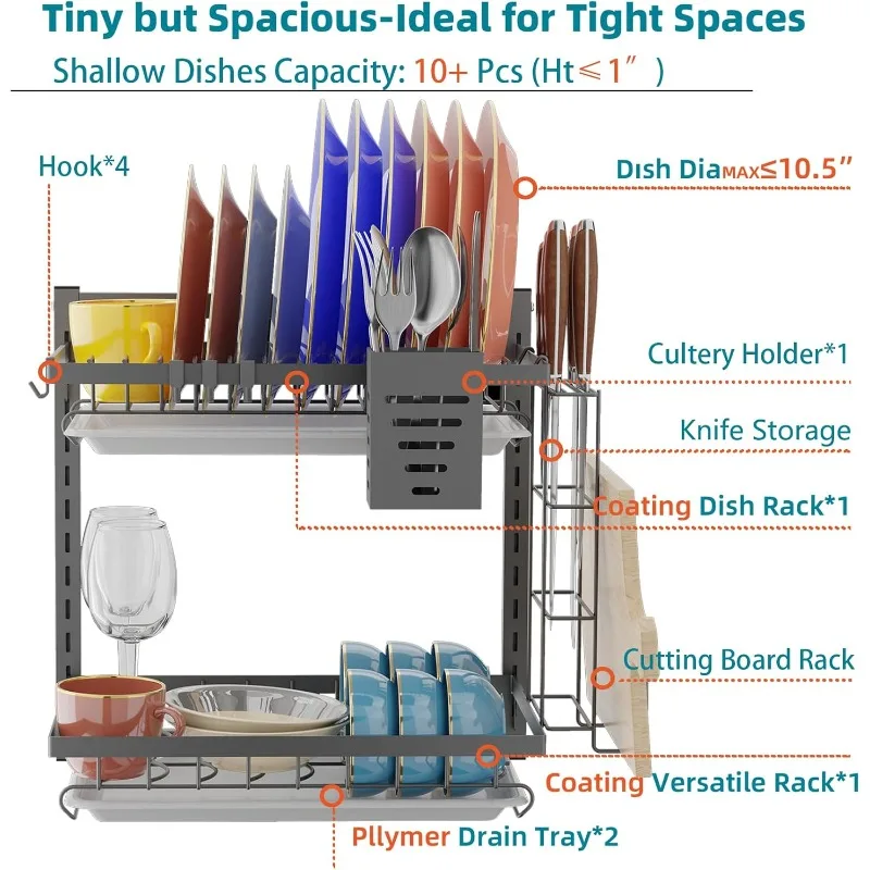Hanging Wall Mounted Dish Drying Rack with Adjustable Layer*2, Hook*4, Drain Tray*2, Apartment & RV Wall Mounted Dish Rack