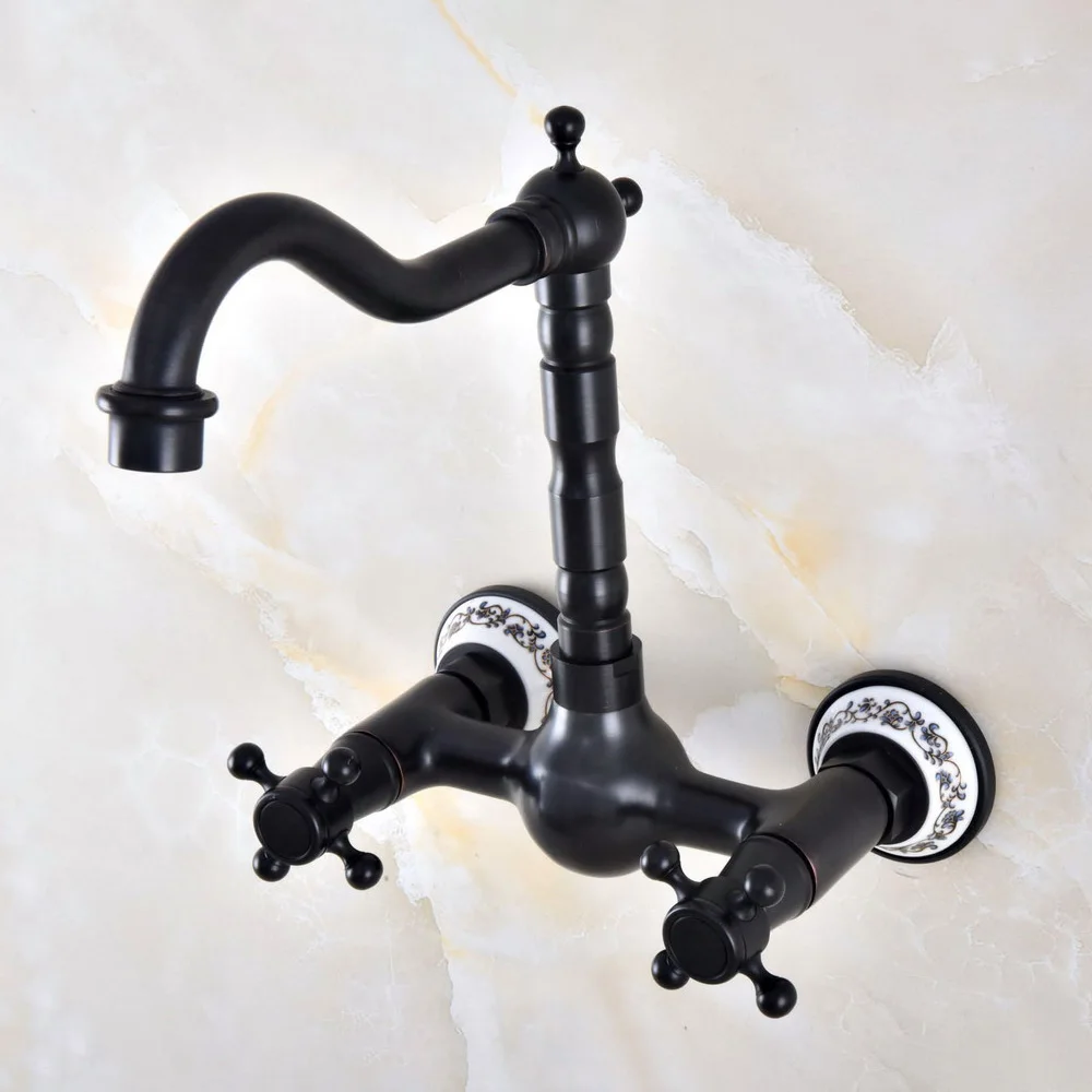 

Black Oil Rubbed Bronze Wall Mounted Bathroom Basin Faucet Dual Handle Swivel Spout Kitchen Sink Mixer Tap tnf851