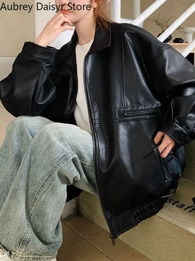 Preto vintage longo jaqueta de couro feminino punk motobiker zíper jaqueta de couro verão alta rua solta causal jaqueta de couro 2025