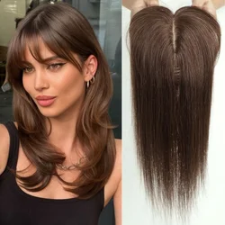 Real Human Hair Toppers with Bangs Silk Base Clip in Toupee Hair Piece for Hair Loss Women Afro Brown Remy Hair Topper Straight