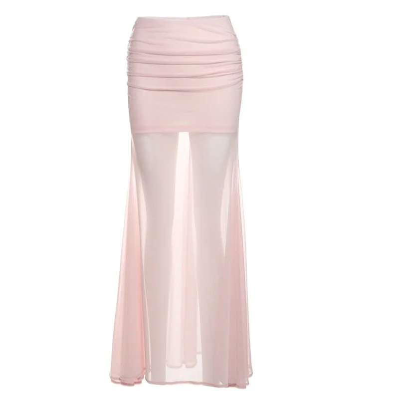 Mermaid Muse Pure Desire  Color Mesh Paneling Half Skirt Women Slimming Long Skirt Casual Style mid Waist Polyester Fiber