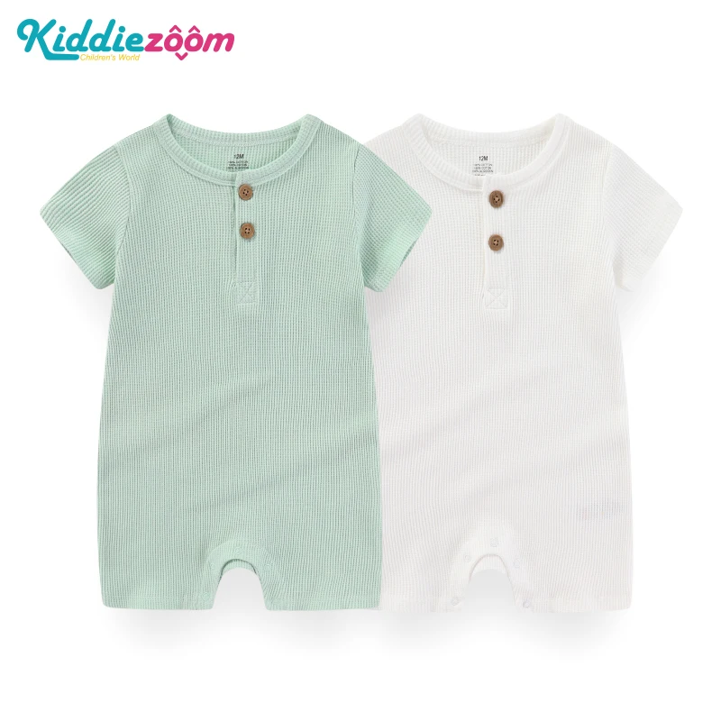 Baby solid colored threaded short sleeved jumpsuit Baby pajamas for boys and girls aged 0-24 months