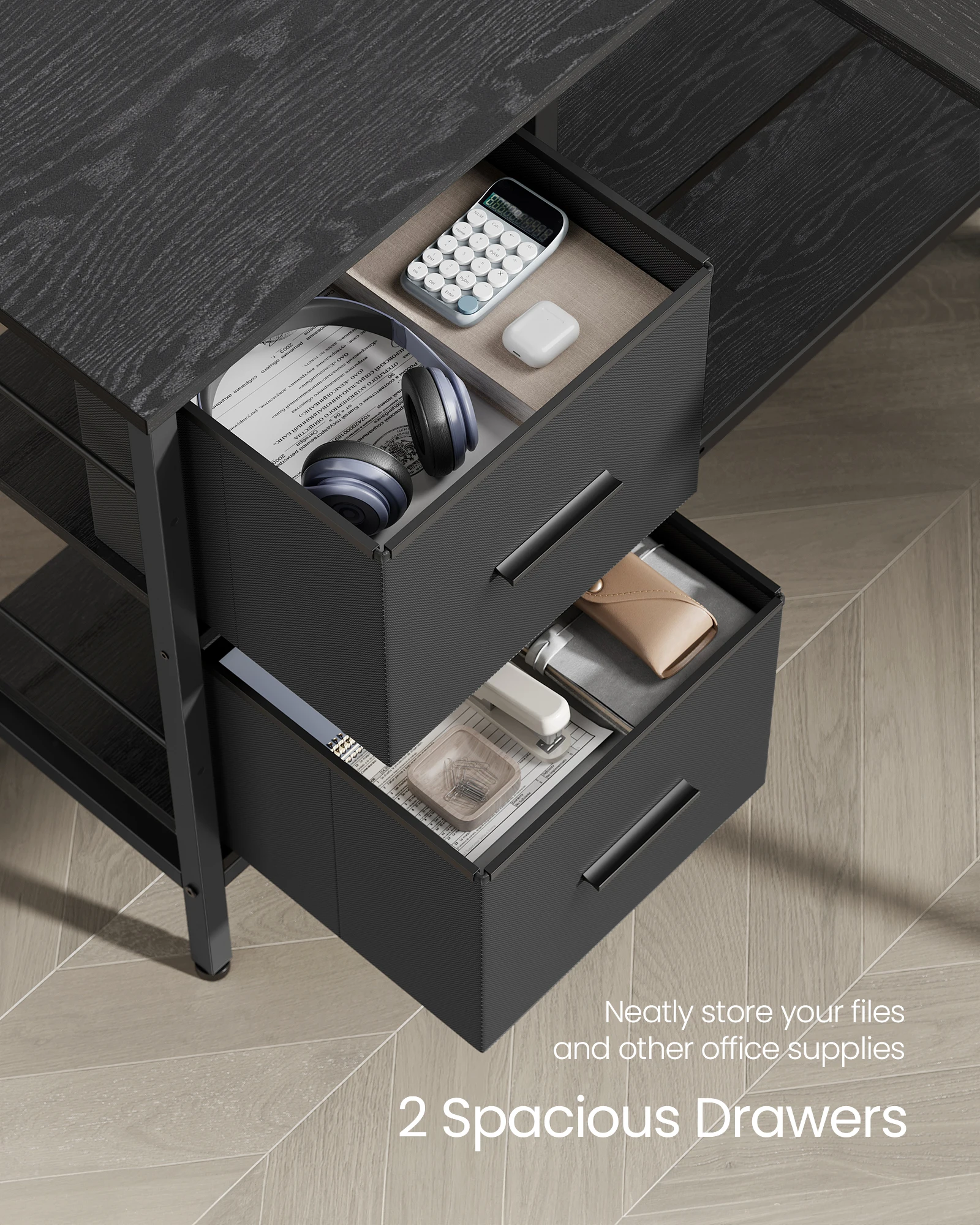 مكتب VASAGLE على شكل حرف L مع درجين واسعين، مكتب ألعاب، مكتب زاوية، مكتب كمبيوتر مع رف تخزين قابل للتعديل #3