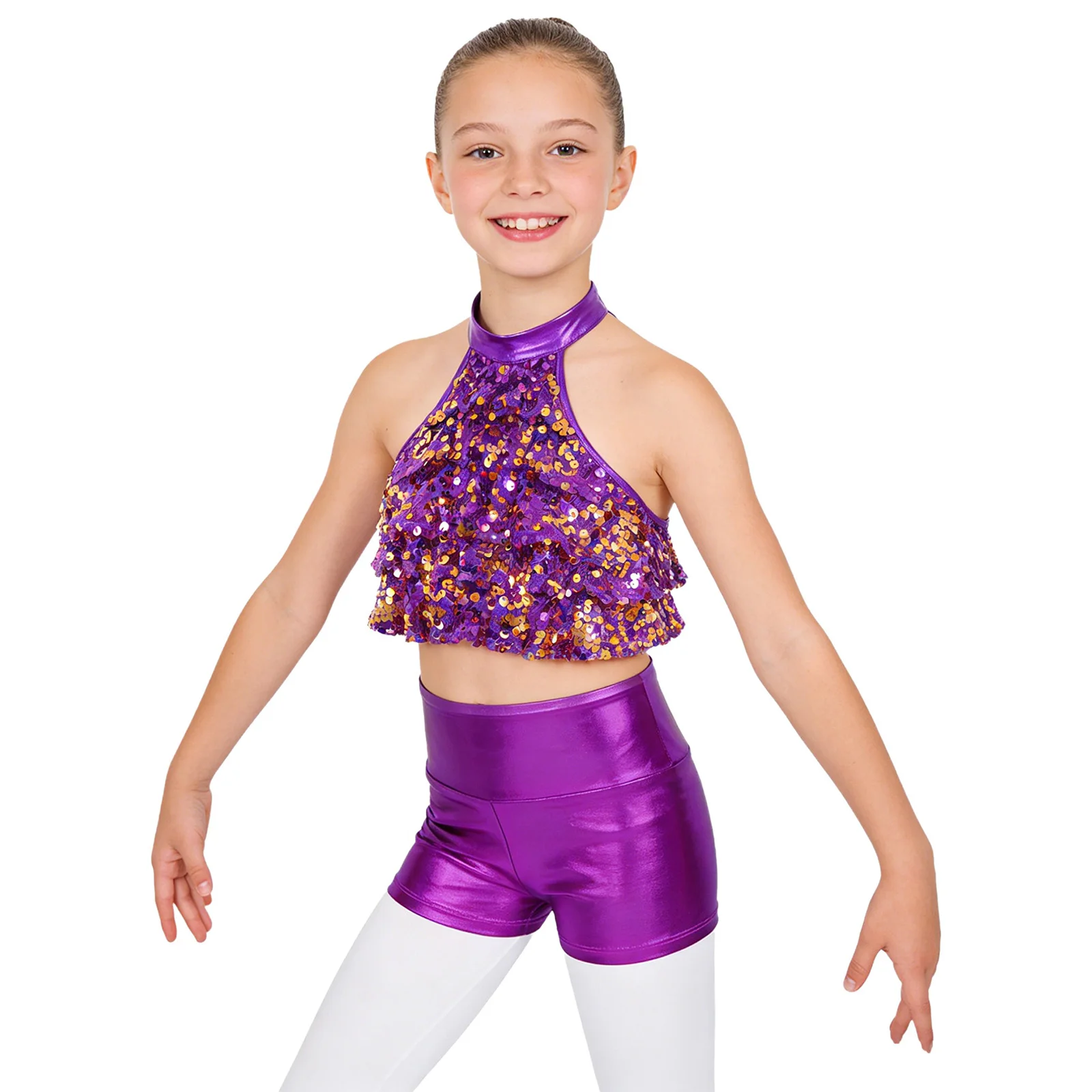 

Детский костюм для современного джазового танца и чирлидинга для девочек: блестящий топ с пайетками и многослойной юбкой, металлические шорты для школьных выступлений