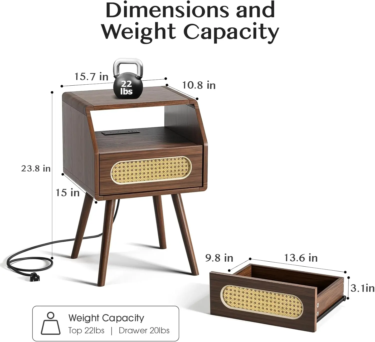 Nightstands Set of 2,Mid Century Modern with Charging Station,Rattan Side Table,Wood Bedside Tables for Bedroom,Walnut