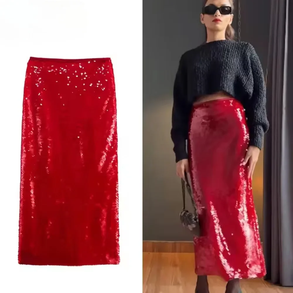 

ZBZA Women's Shiny Sequined Evening Skirt High Waist Sexy Solid Hidden Zipper Casual Midi Hip Skirt Spring Summer New Chic Skirt