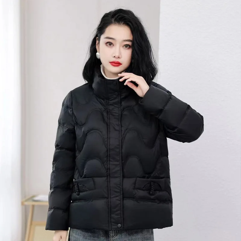 Short Down Jacket with Stand-up Collar for Women, Thick Warm Snow Jackets, Retro Pocket Outerwear, Casual and Simple, Winter