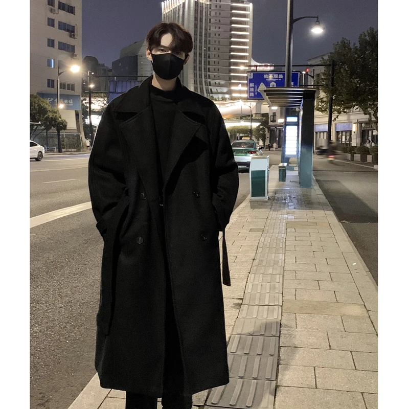 

Korean Trend Trenchcoat With Belt Men's Loose Casual Overcoat Autumn Winter Solid Color Fashion Woolen Coat Medium Long Trench