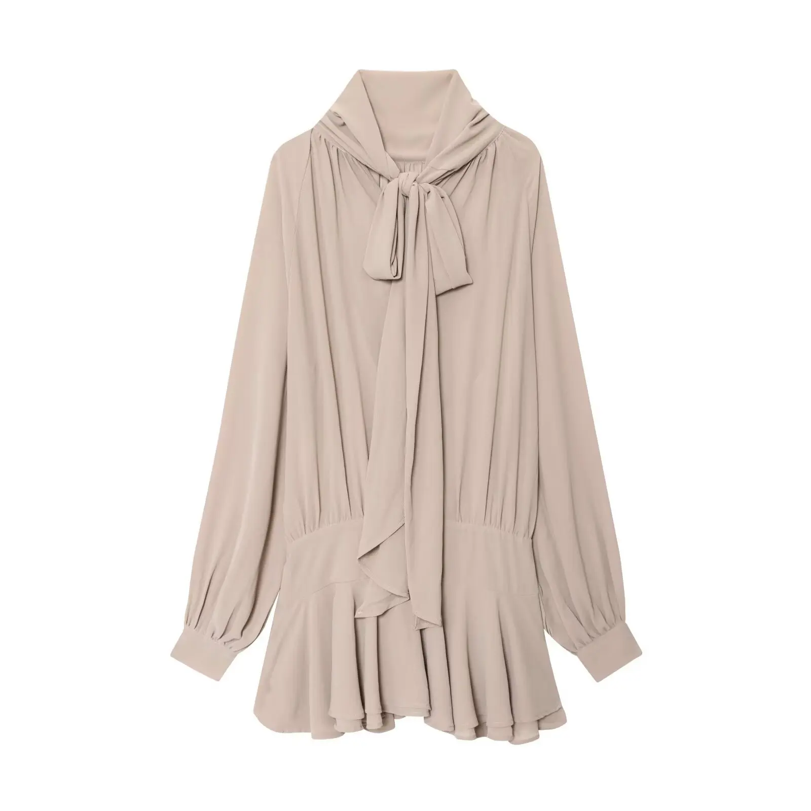Herbst Frühling Damenmode Elegantes Büro-Bowknot-Kleid Lockerer Alltag Beige Chiffon-Hemdrock mit Rüschensaum