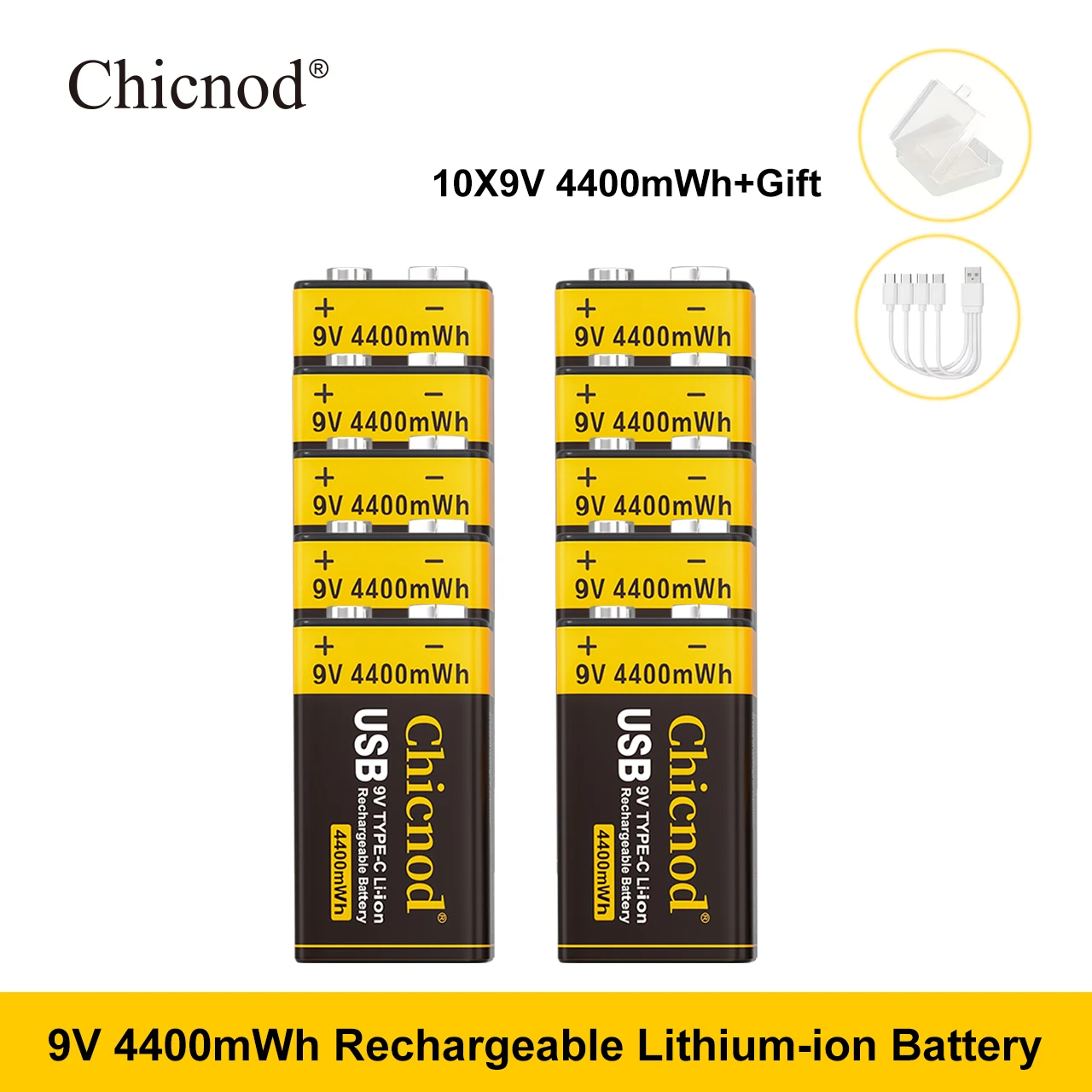 CHICNOD 9V Wiederaufladbare Batterie 4400mWh USB Typ C Li-Ionen-Akku 9 Volt Wiederaufladbare Batterie für Gitarrenpedal Multimeter