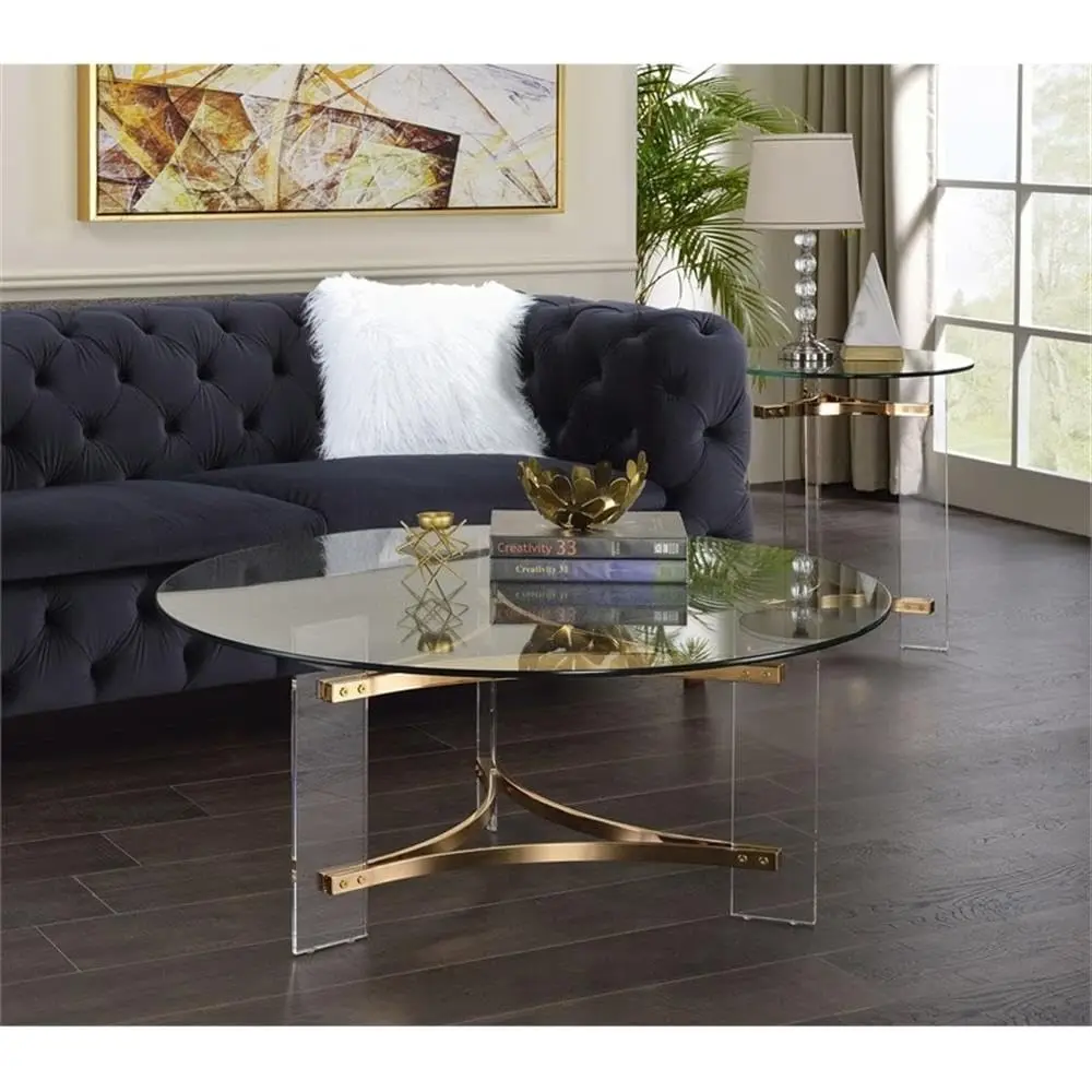 Round Tempered Glass Top Coffee Table In Clear And Gold, Customized