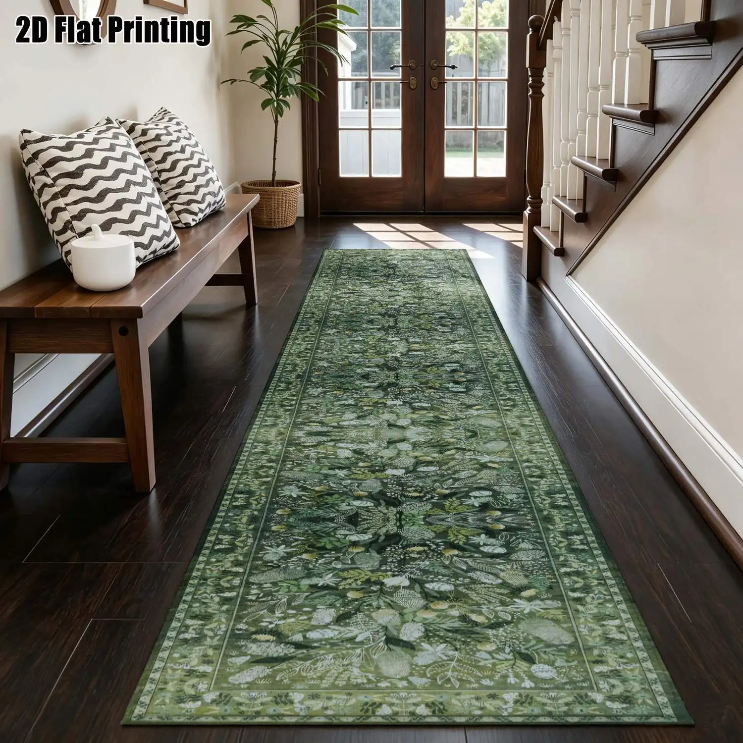 1Pc 2D Printed Long-Strip Runner Rug, Green-Gray Retro Geometric Patterns, European/Bohemian Style, Machine Washable, Multi-Size, for Home Decor, Entryway, Hallway, Bedroom, Kitchen
