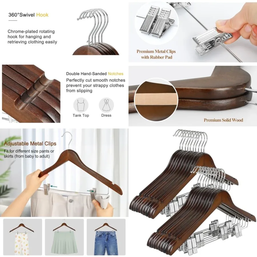 

Wooden Suit Hangers with Adjustable Metal Clips,Solid Wood Clothes Hangers, 360 Swivel Hook, Premium Retro Finish Pants Hangers