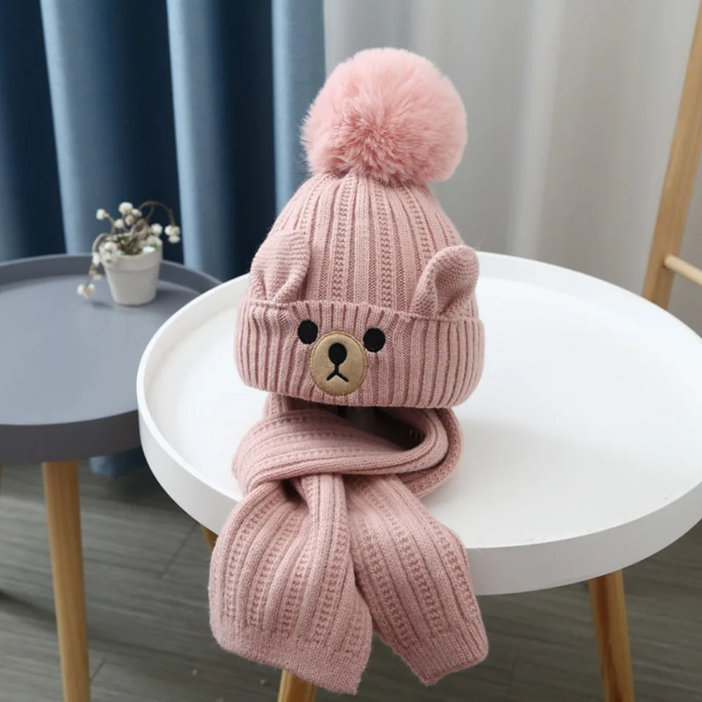 

Comfortable Bear Children Scarf Hat Set Knitting Cartoon Wool Beanie Warm Cute Warm Knitted Cap Baby