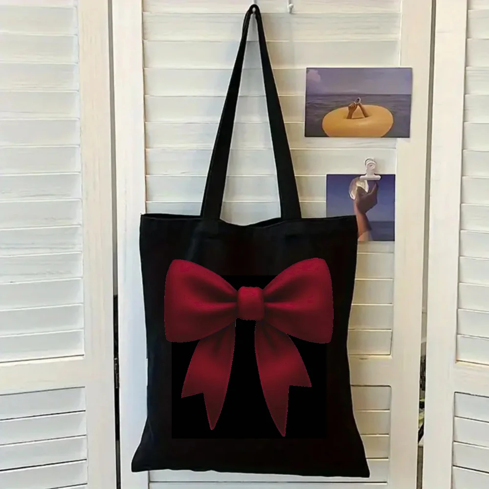

Red Bow Print Black Canvas Tote Bag, Women Shoulder Bag, Coquette Aesthetic Handbag for Girly Style