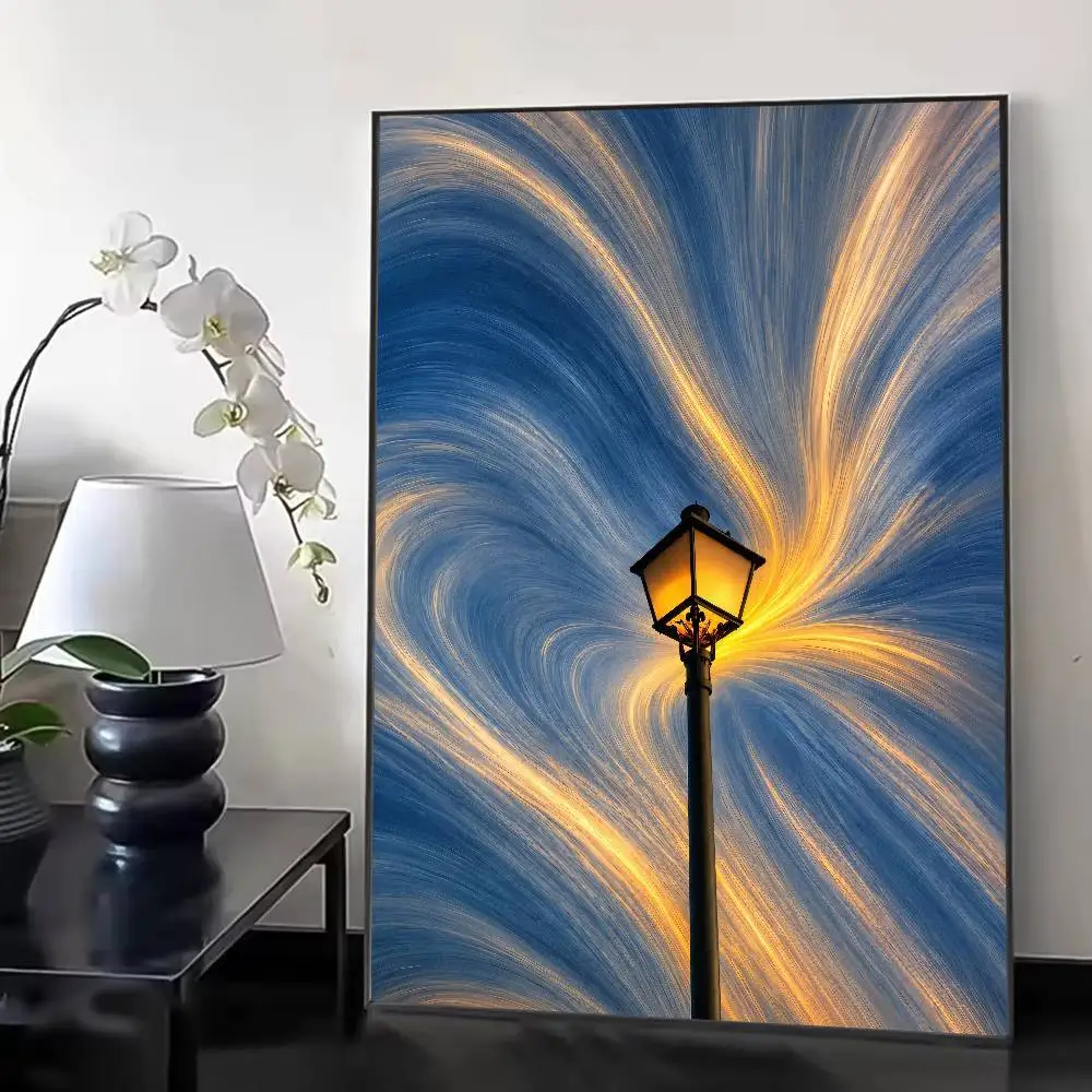 Surreal Swirling Sky Street Lamp Wall Art Poster, Psychedelic Twisted Golden Cloud Night Sky Abstract Dreamlike Bedroom Decor