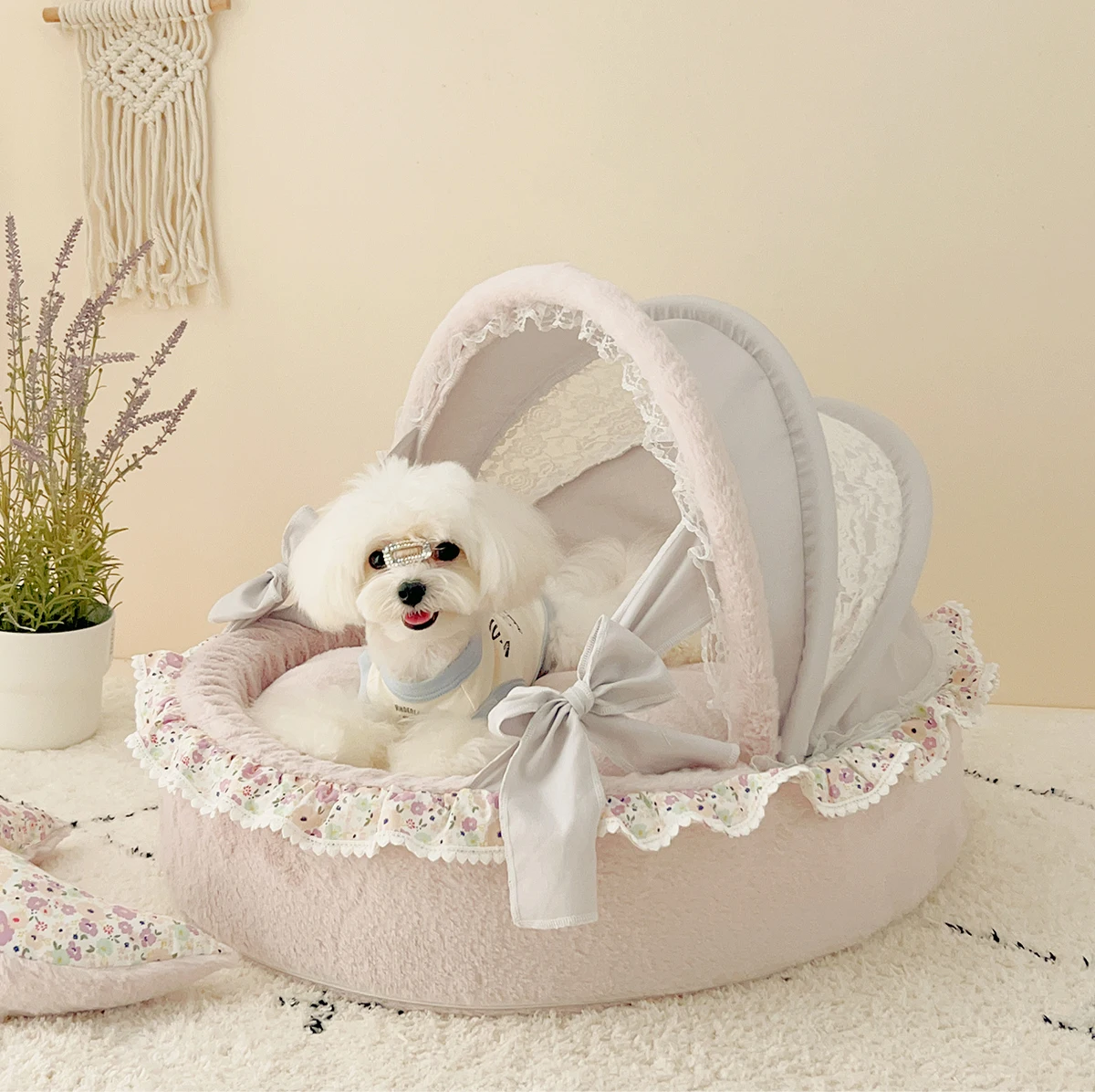 Pet Cradle Bed with Cotton Puppy Kitten Princess Bed - Pet Sofa, Dog Cushion Puppy Cradle Bed, Morandi Beige