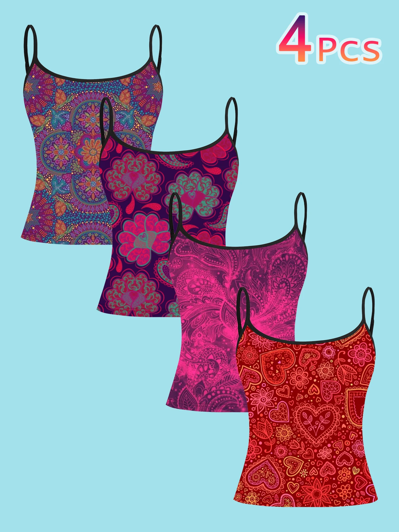 4-Piece Set of Women's Spaghetti Strap Camisoles with Mandala Paisley Retro Floral Print, Slim-Fit Sleeveless Tops, Bohemian Vacation Style Outerwear and Inner Layering Shirts