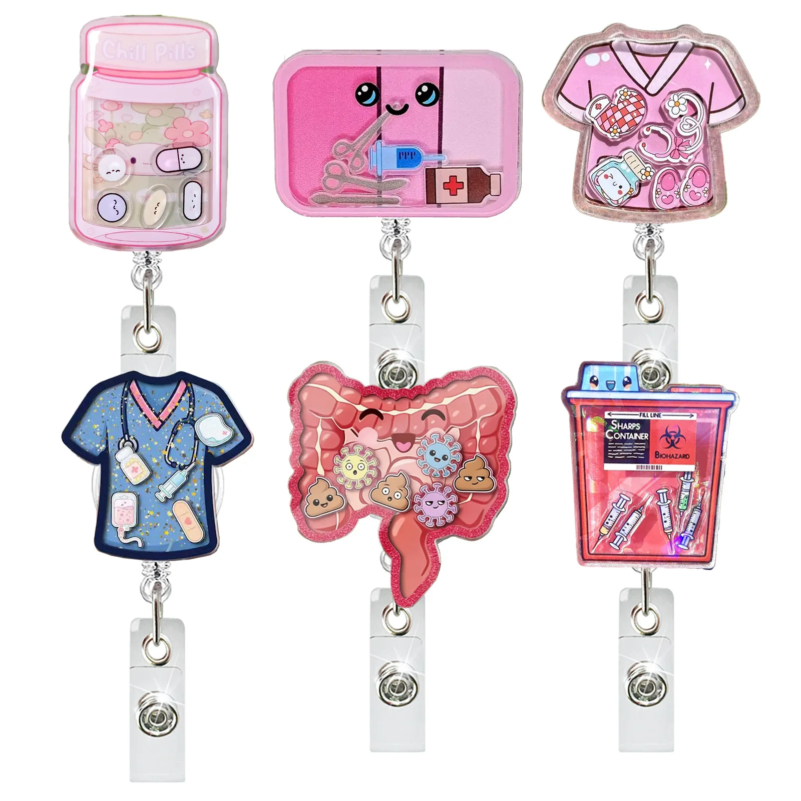 New Design 1 Piece Shaker Acrylic Anime Scrubs Pills Bottle Large intestine Retractable Nurse Badge Reel Doctor ID Card Holder