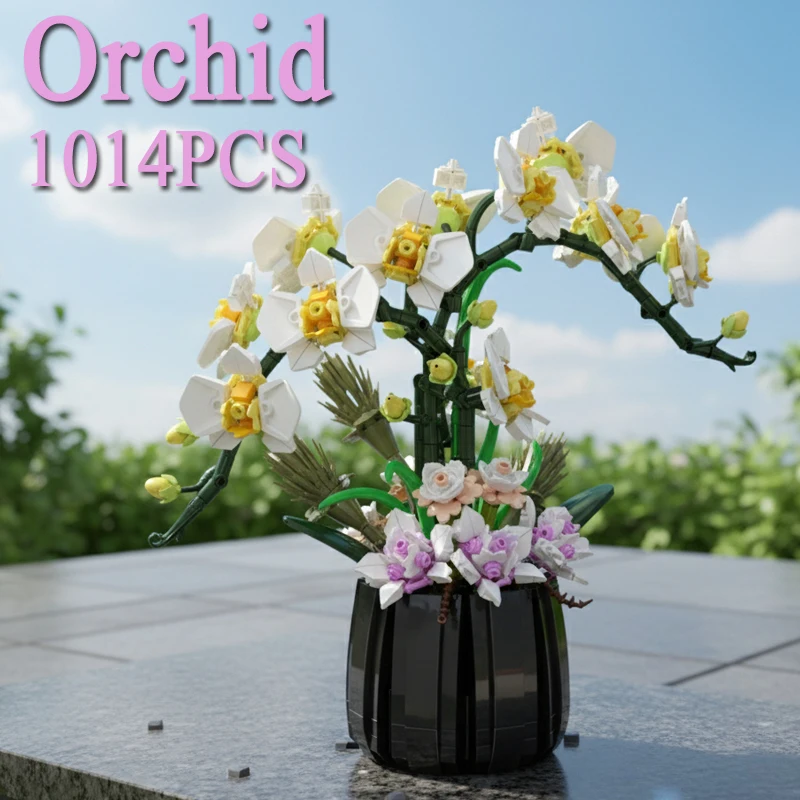 

1014PCS Orchid Pot Building Blocks Ornaments Potted Plant Artificial Flowers Ornaments Assembly Bricks Toys For Holiday Gifts
