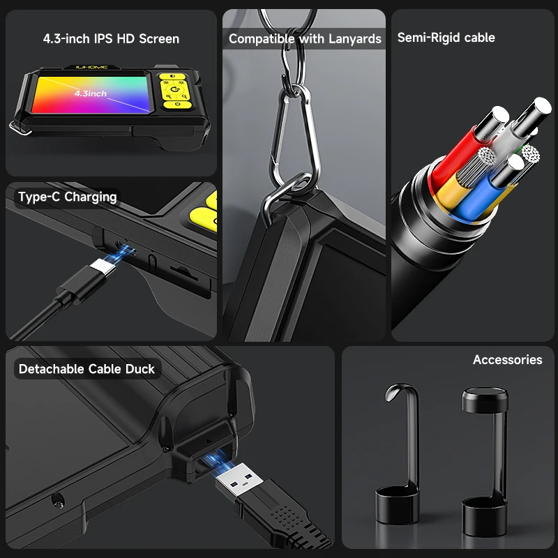 4.3 ''IPS المنظار المزدوج 8 مللي متر كاميرا 1080P 5M كابل صلب انفصال تصميم Borescope مقاوم للماء مع أدوات حقيبة التفتيش الأنابيب