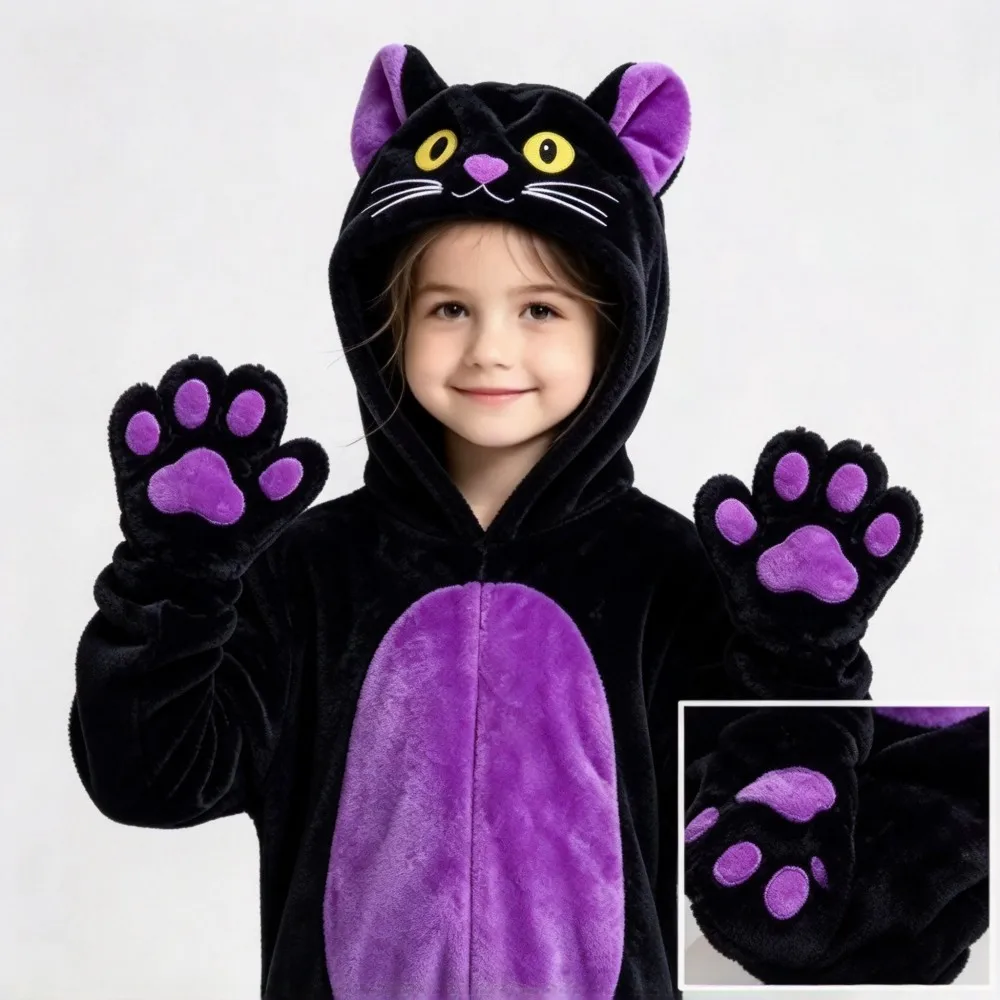 Children Cartoon Cat One Piece Pajamas Kigurumi Warm Flannel Zipper Onesie Sleep Costume For Carnival Home Nightwear