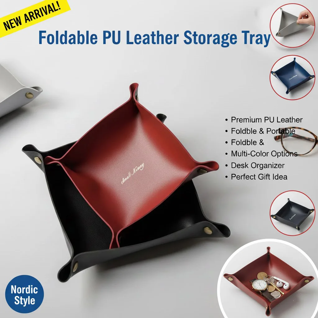 Foldable PU Leather Storage Tray, Creative Hexagon Desktop Organizer for Keys Coins Jewelry, Portable Sundries Catchall Trayx