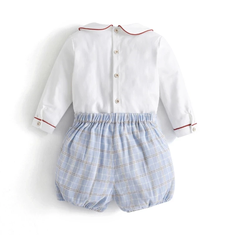 Terno espanhol de manga comprida infantil, camisas de algodão branco, calções azuis, criança boutique, roupa de aniversário para meninos, 2 peças