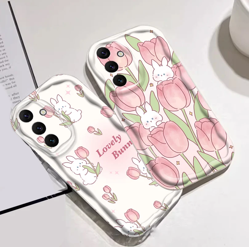 Tulip Pink Rabbit Cute For Samsung A55 A54 A53 A52 A35 A34 A33 A32 A25 A24 A23 A22 A21S A15 A13 A14 5G Wave Oil Soft Phone Case