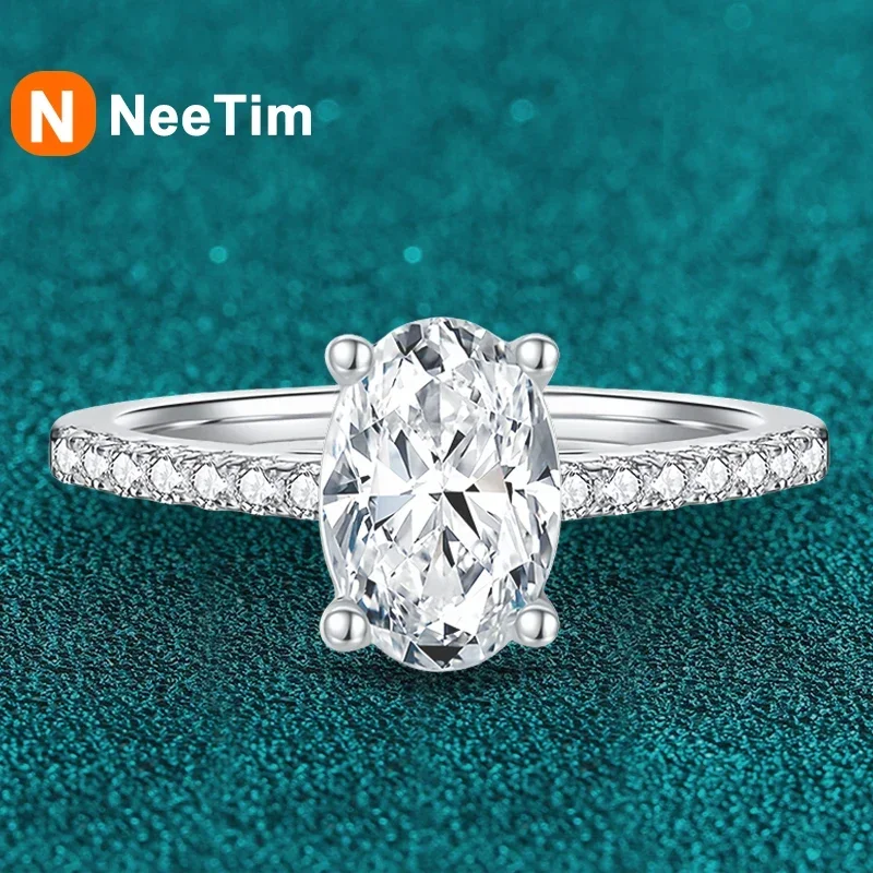 NeeTim 1ct 2ct Oval Cut Moissanite Ring for Women 925 Sterling Silver with Gold Plated Lab Diamond Rings Bands Fine Jewelry Gift