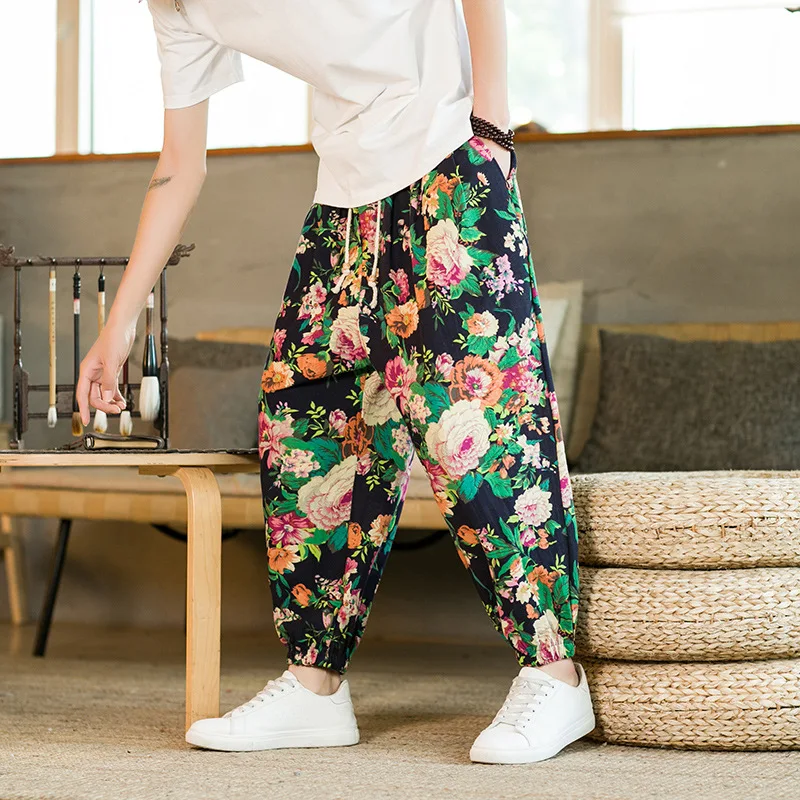 Fashion Mens Harem Pant Loose Comfortable Print Floral Party Pants Mens Casual Baggy Jogger Sweatpants