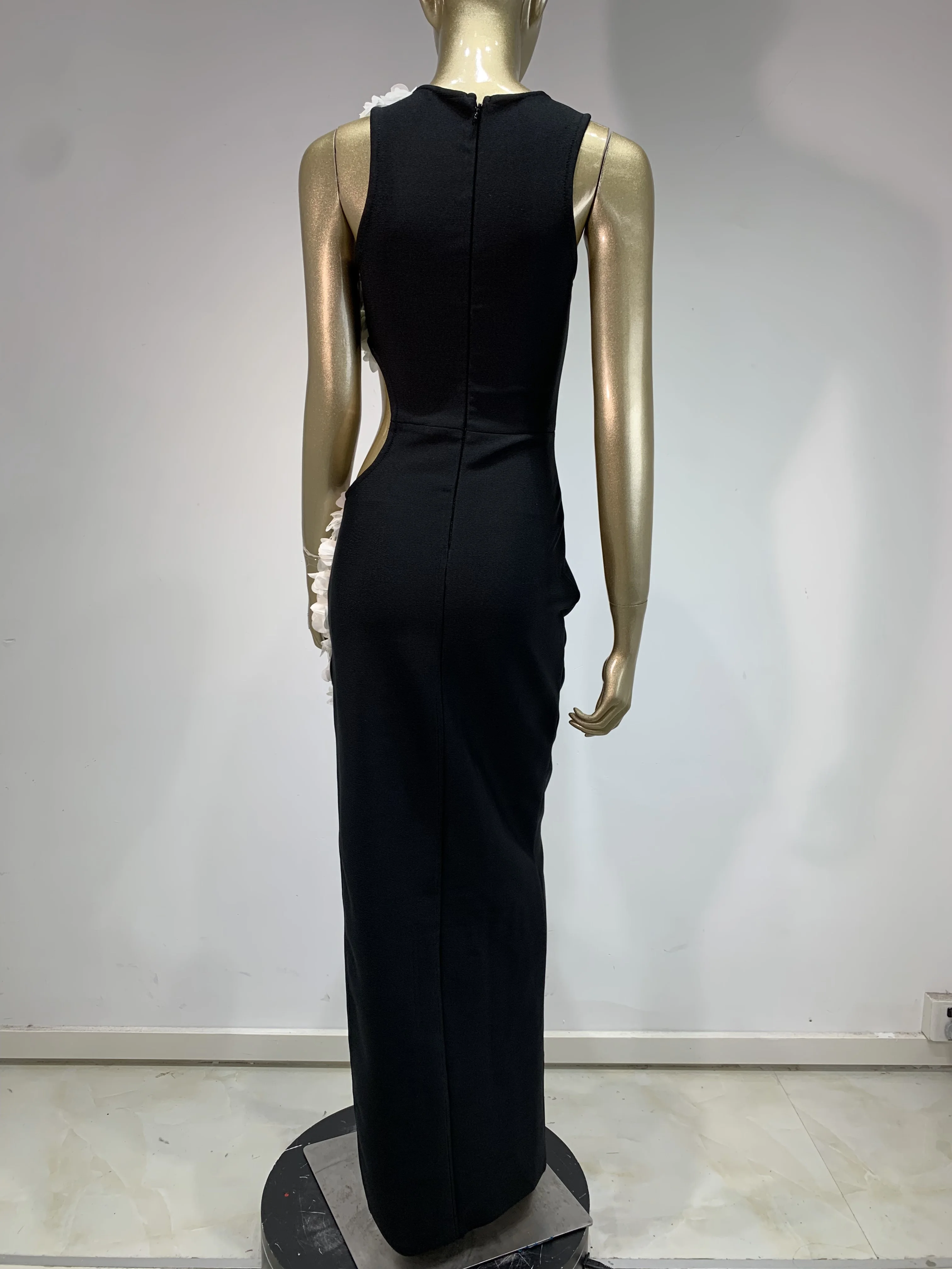 Women Luxury Designer Bandage Dress Black Cut Out White Appliques Maxi Long Bodycon Celebrity Evening Party Runway Dresses