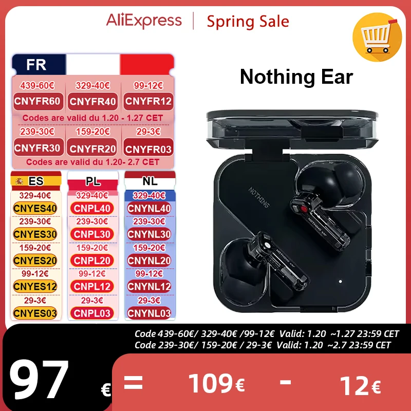 Nothing Ear Wireless Bluetooth earphone 45dB Active Noise Cancellation ANC 11mm Driver 24-bit Hi-Res Audio with LDAC & LHDC