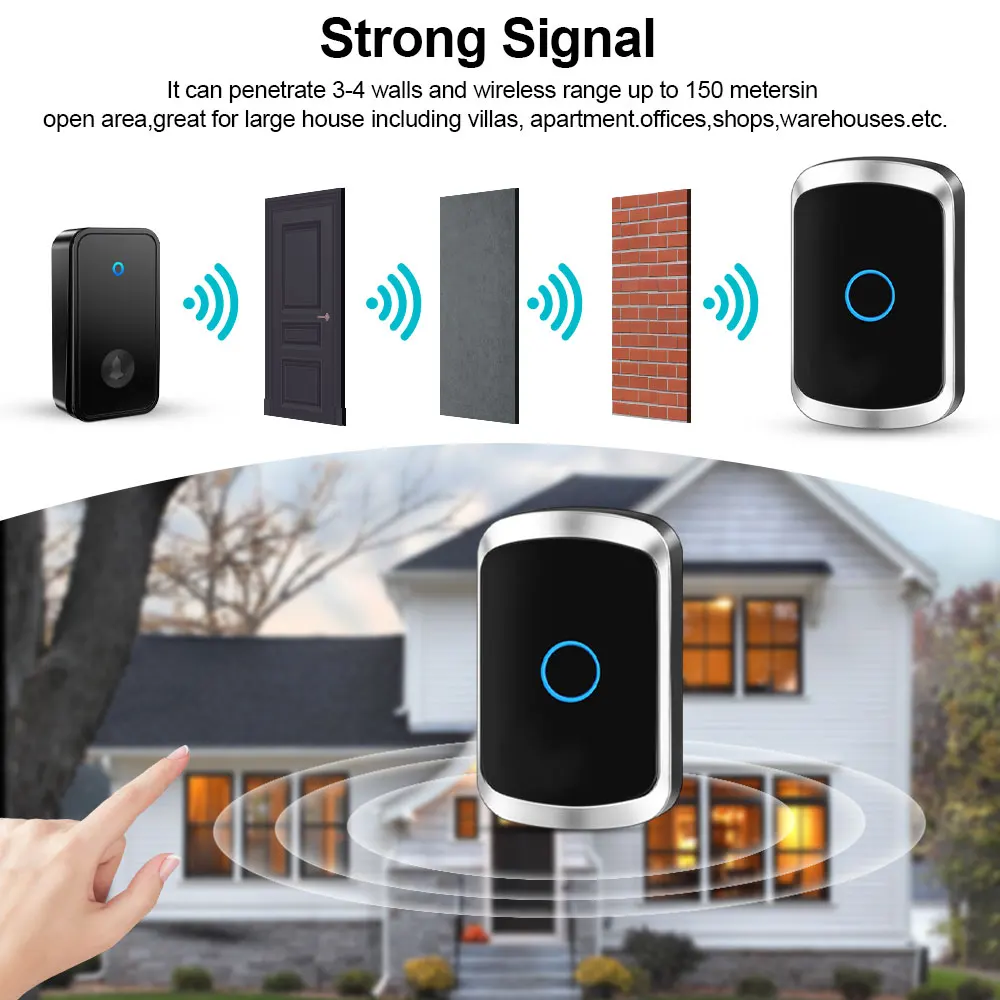 Campainha inteligente sem fio para casa, campainha de boas-vindas, 150m/82 controles remotos fm, autoalimentada, sem necessidade de bateria, eua, ue, plug, campainha sem fio