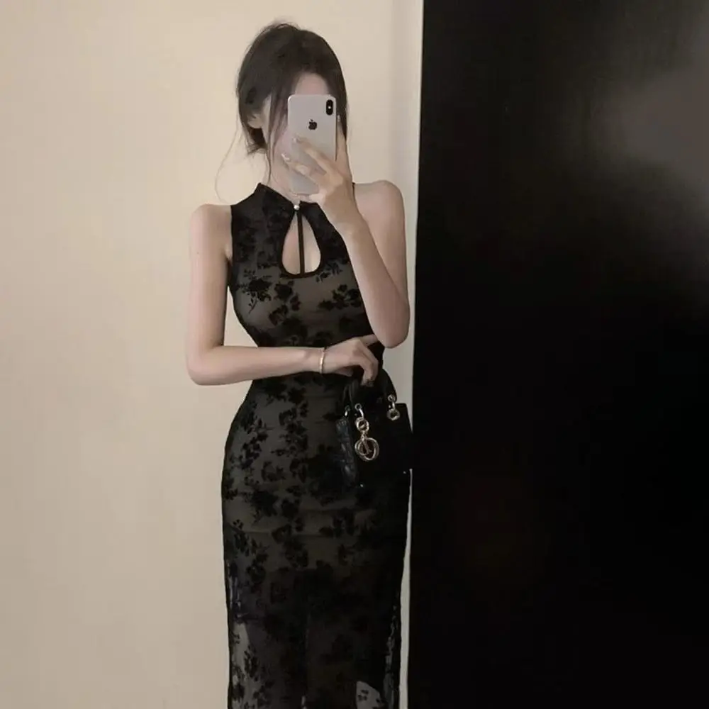 novo-vestido-midi-feminino-preto-estilo-chines-vazado-sem-mangas-qipao-de-verao-aprimorado-sexy-justo-ao-corpo-com-fenda-alta