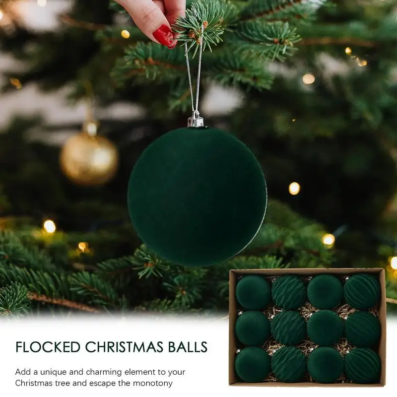 12pcs Christmas Ball Ornaments Set Velvet Christmas Balls with Hanging Hoop Tree Decorations for Home Decor Xmas Party